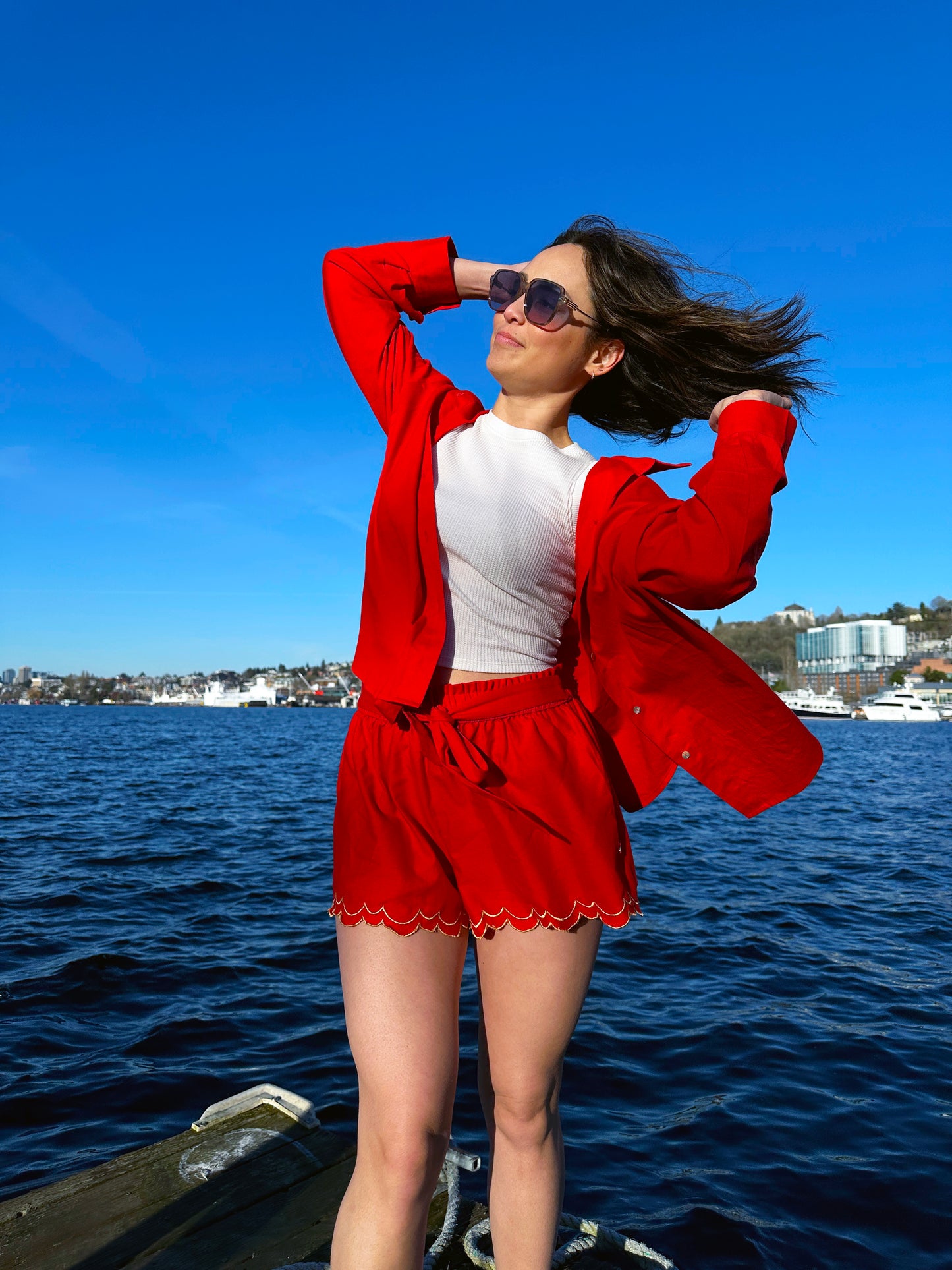 Scalloped Embroidered Red Linen Like Pull-on Shorts