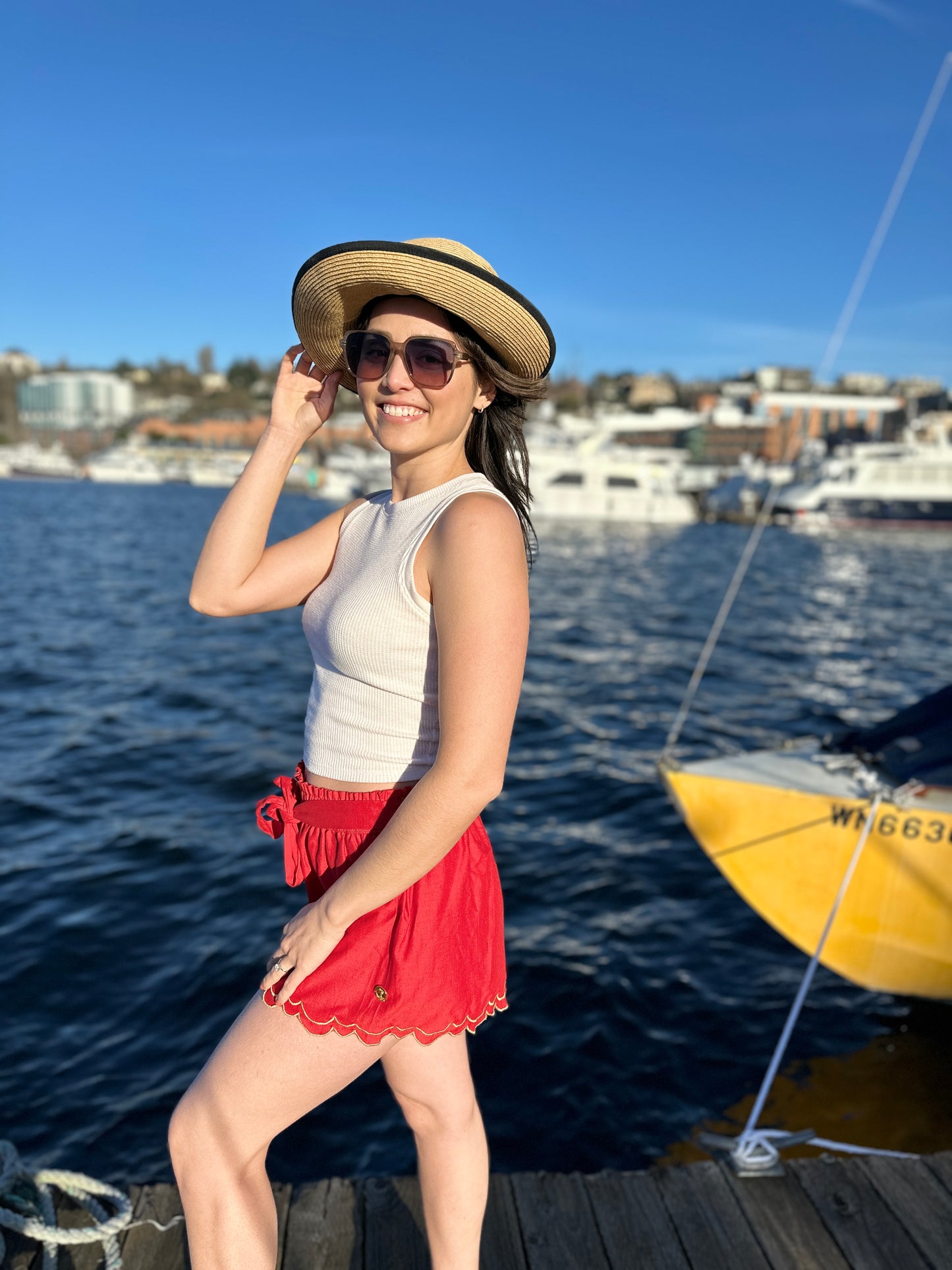 Scalloped Embroidered Red Linen Like Pull-on Shorts