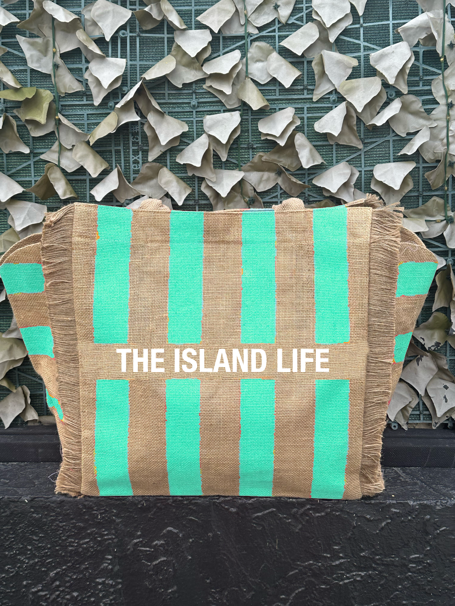 Customizable Stripes Fringe Jute Tote Beach Bag