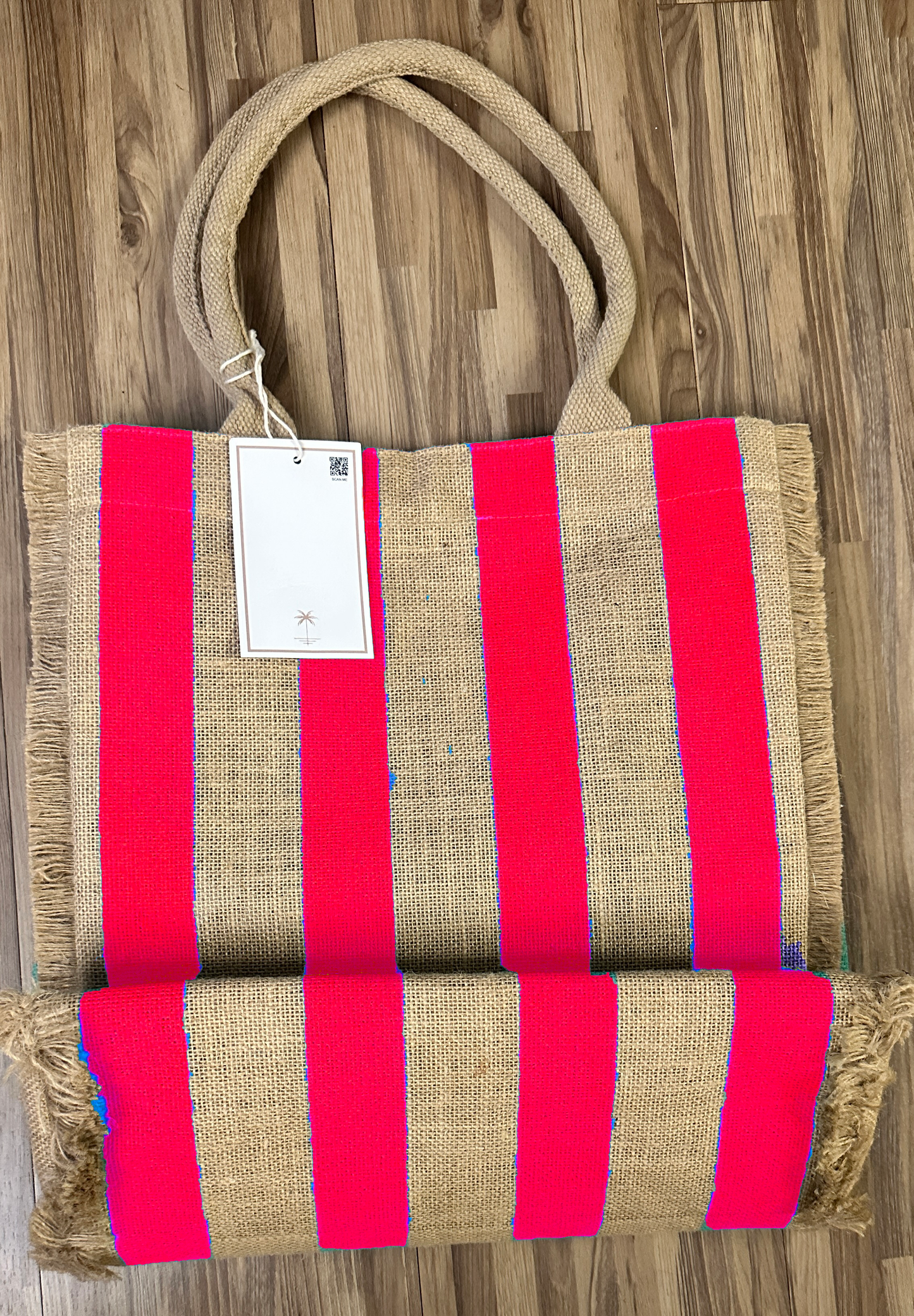 Haven Stripes Fringe Jute Tote Beach Bag