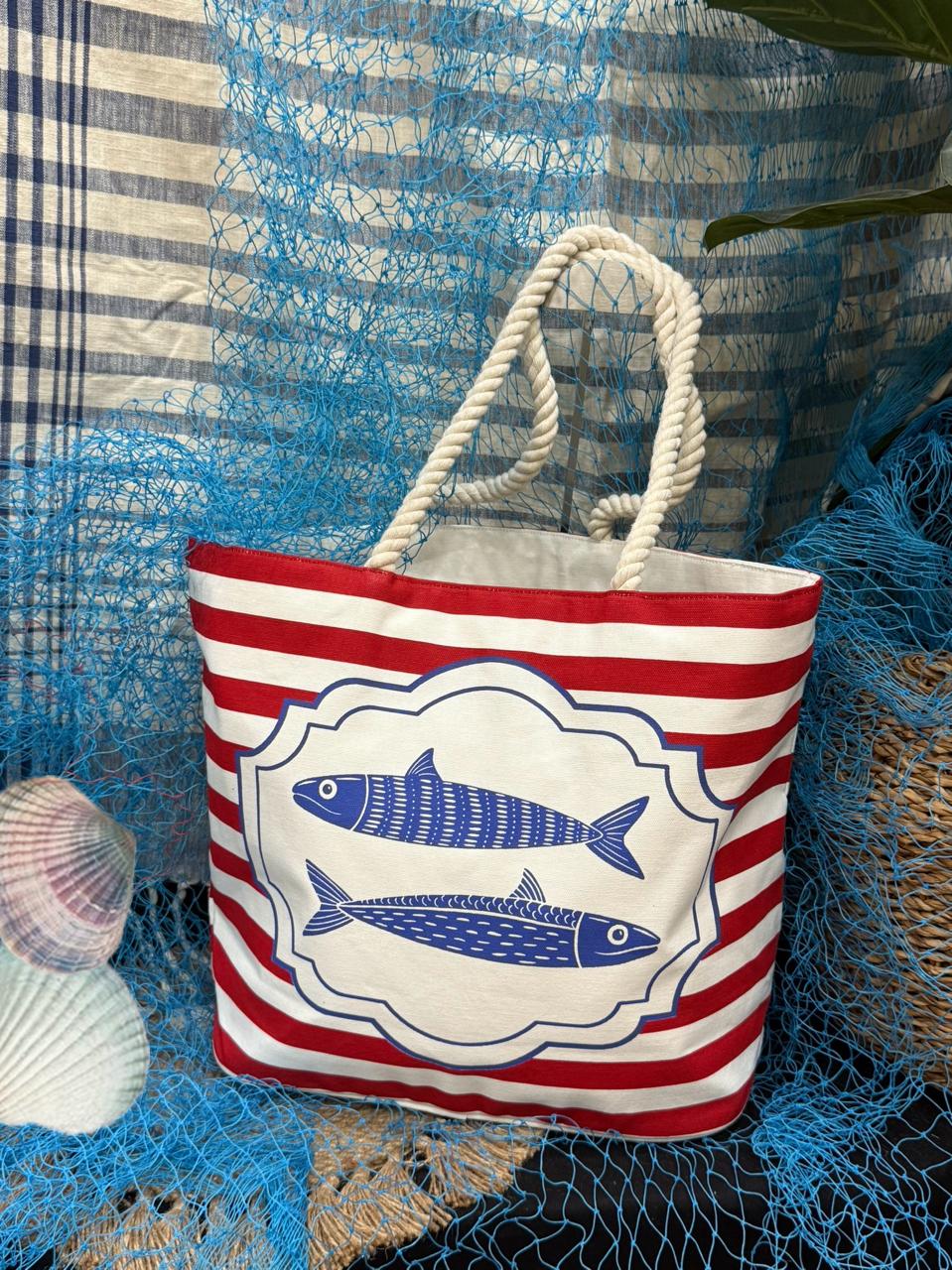Lisbon Sardines Fisherman Coastal Tote Bag-RED