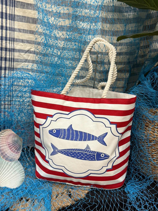 Lisbon Sardines Fisherman Coastal Tote Bag-RED