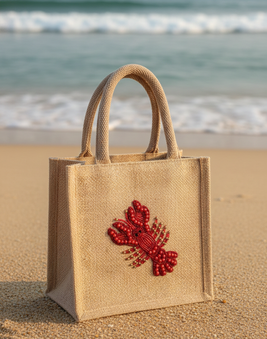 Chelsea Lobster Hand Beaded Mini Jute Tote