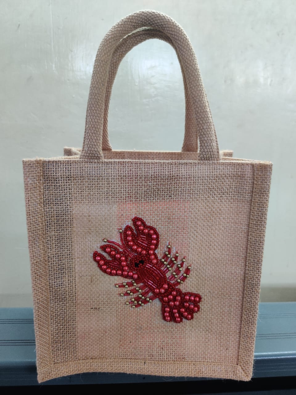 Chelsea Lobster Hand Beaded Mini Jute Tote