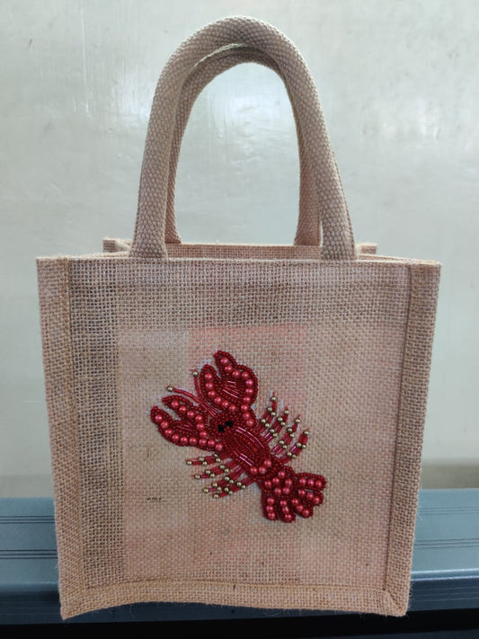 Chelsea Lobster Hand Beaded Mini Jute Tote