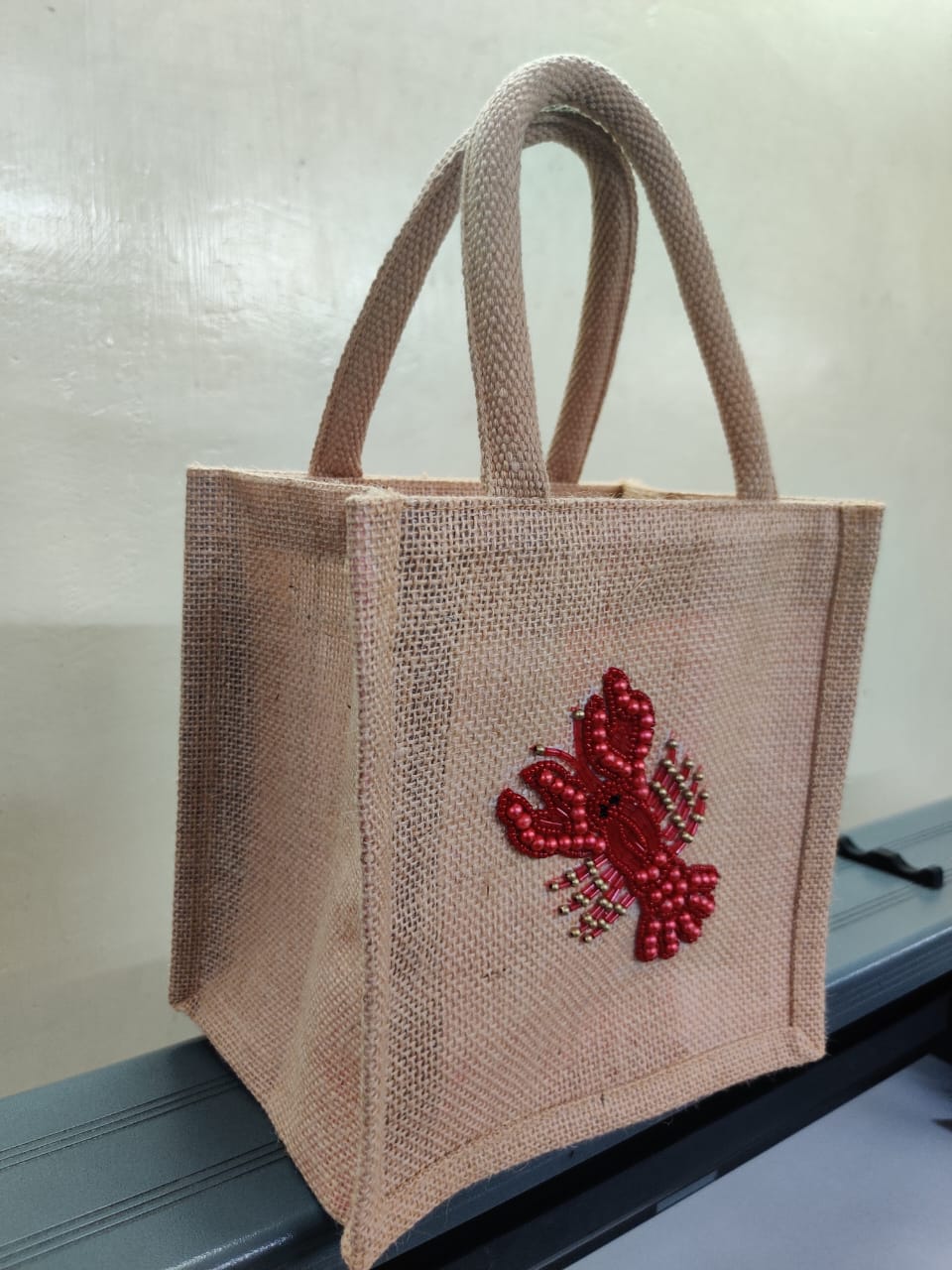 Chelsea Lobster Hand Beaded Mini Jute Tote