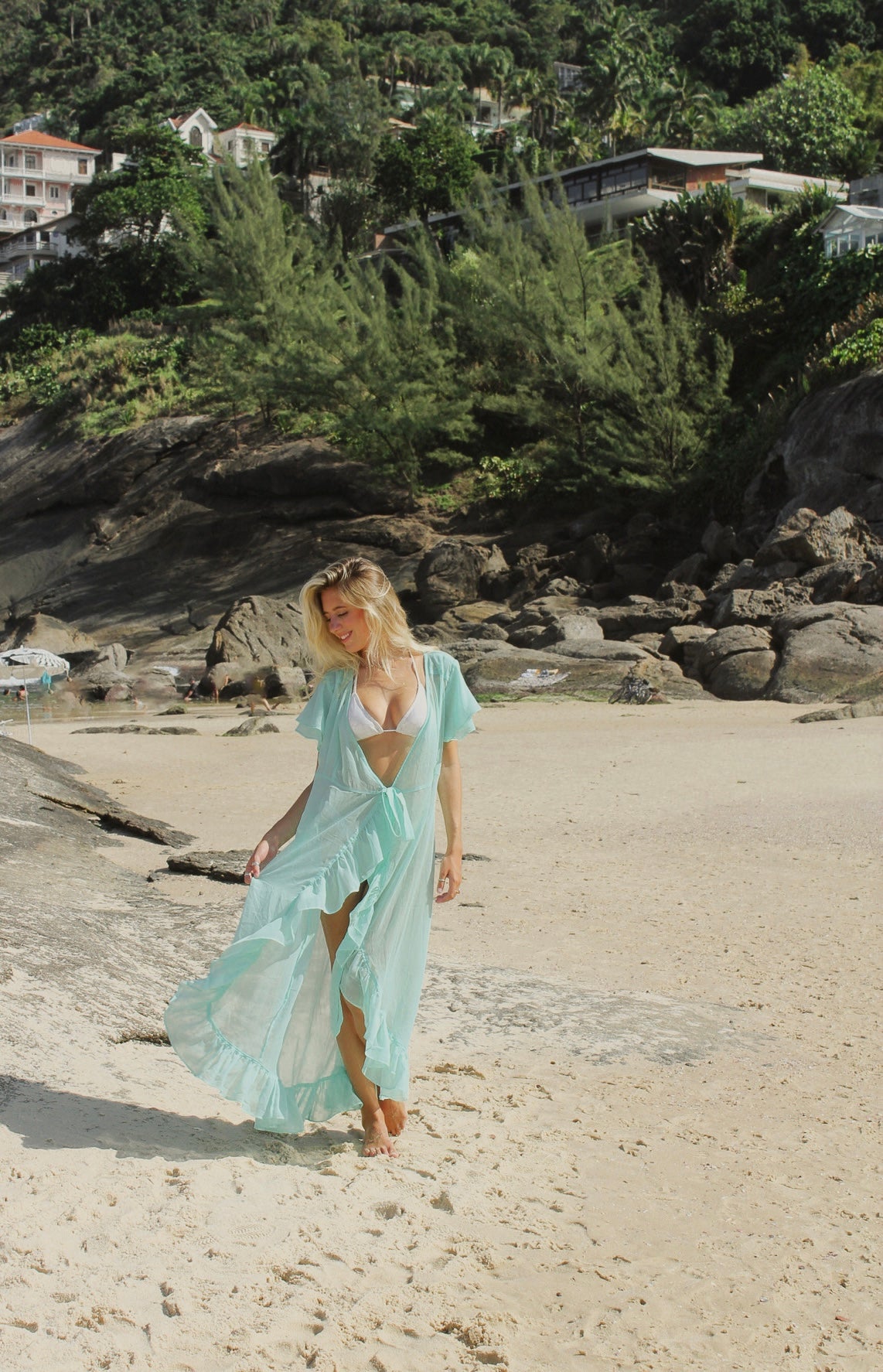 Ruffled Aqua Swim Cover-Up Midi Dress