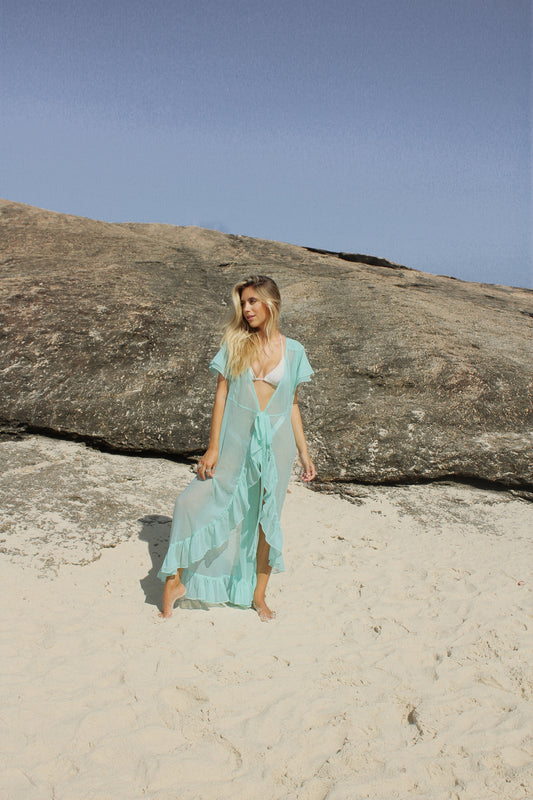 Ruffled Aqua Swim Cover-Up Midi Dress