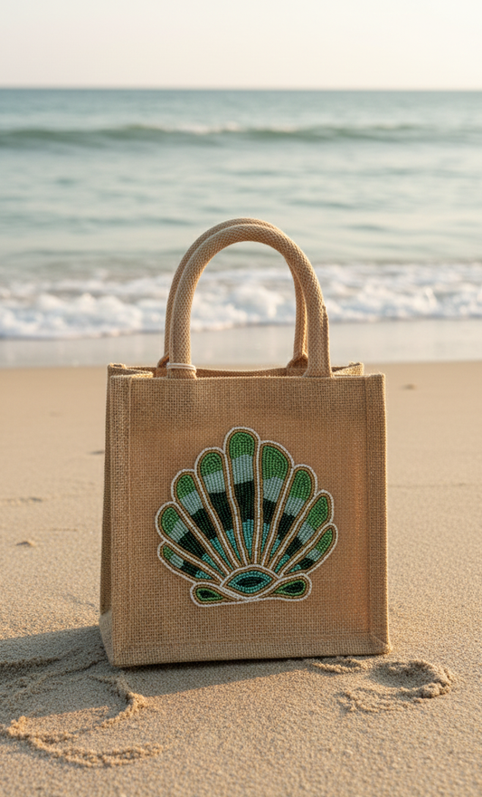Chelsea Shell Hand Beaded Mini Jute Tote