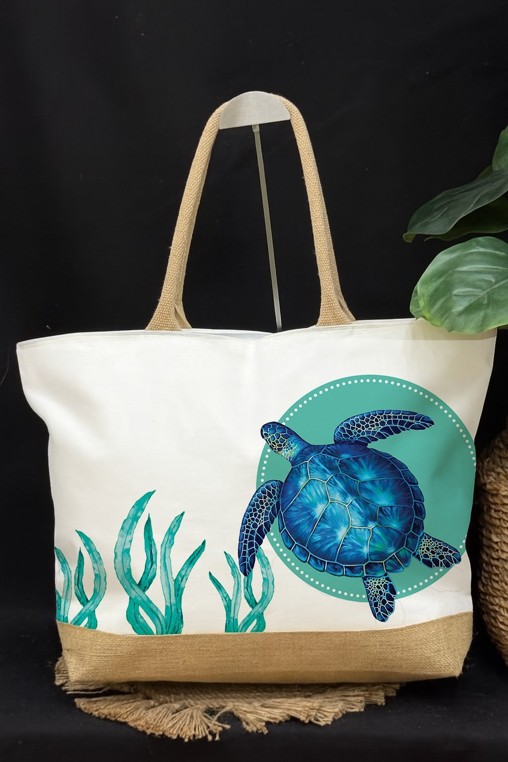 Bimini Jute Beach Tote Bag- Dolphins, Turtle