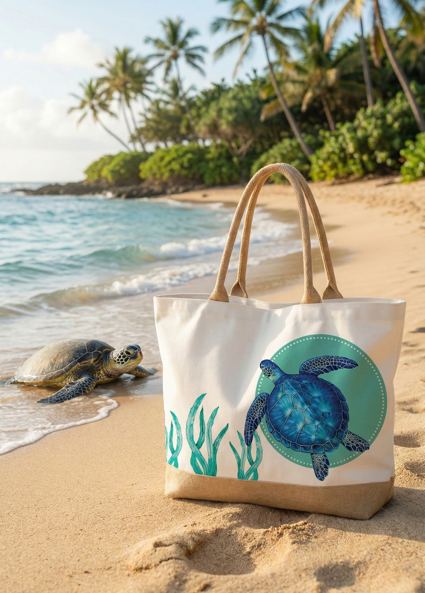 Bimini Jute Beach Tote Bag- Dolphins, Turtle