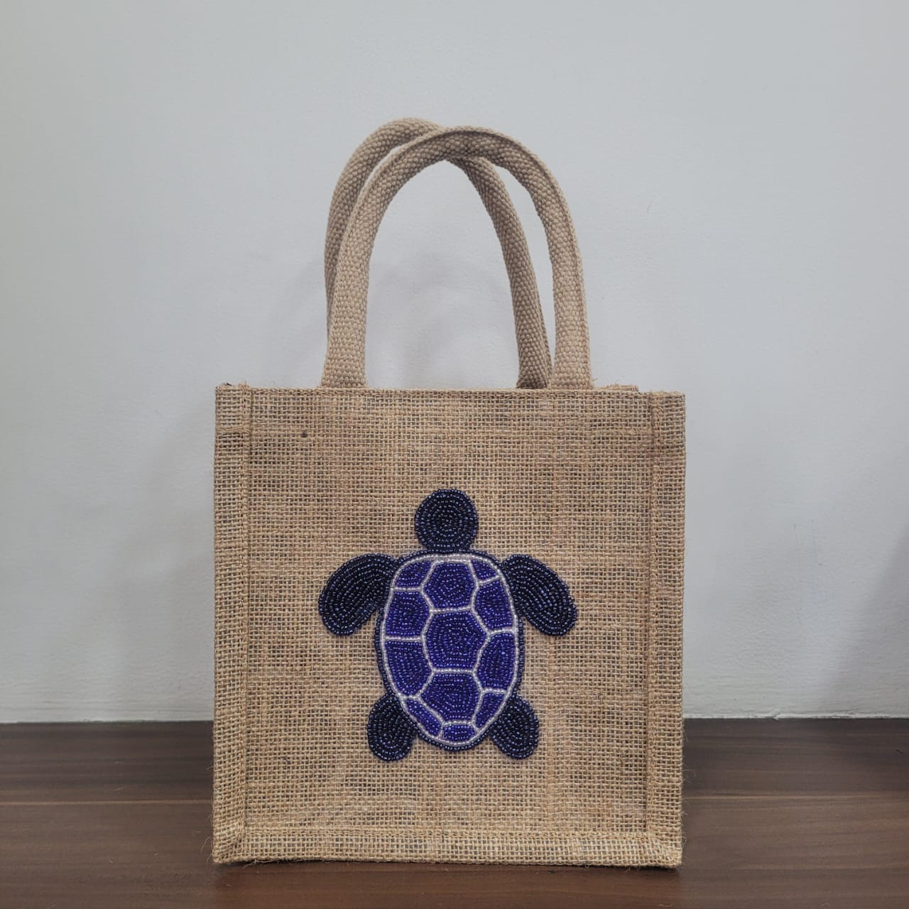 Chelsea Turtles Hand Beaded Mini Jute Tote