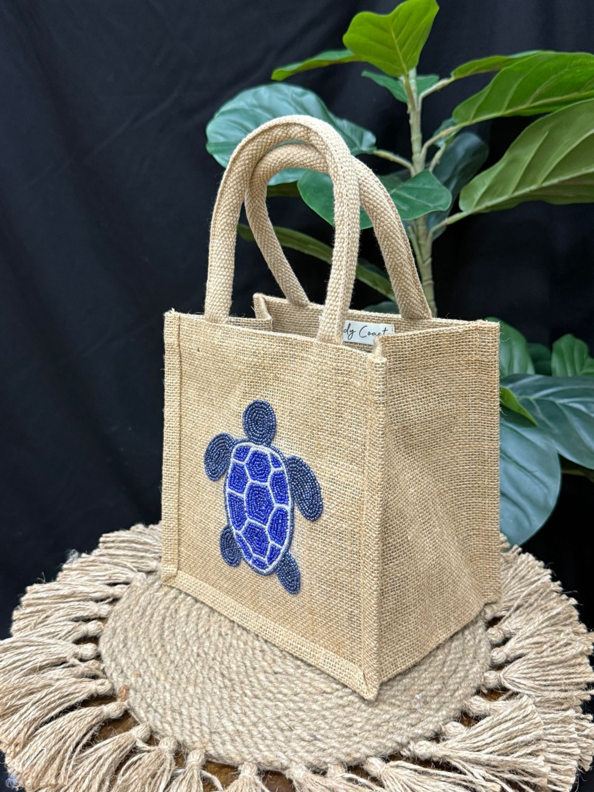Chelsea Turtles Hand Beaded Mini Jute Tote