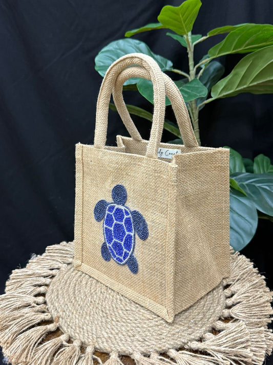 Chelsea Turtles Hand Beaded Mini Jute Tote
