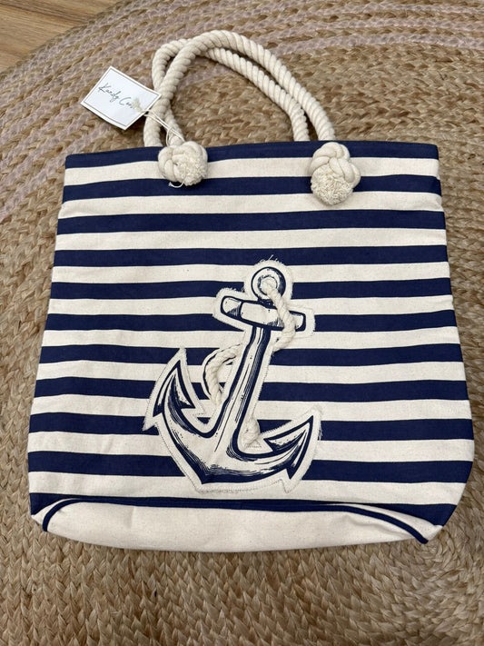 Montauk Breton Stripe Navy Anchor Cotton Canvas Tote Bag