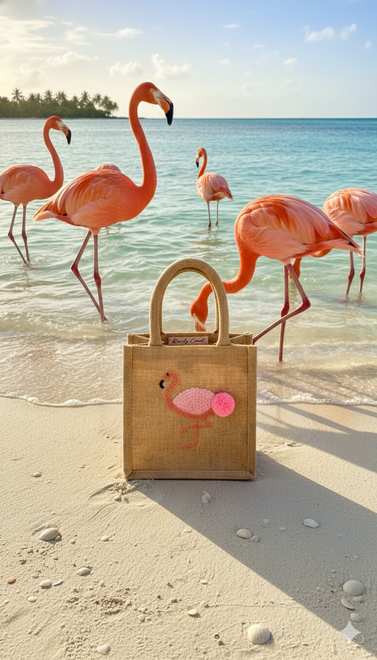 Chelsea Flamingo Hand Beaded Mini Jute Tote