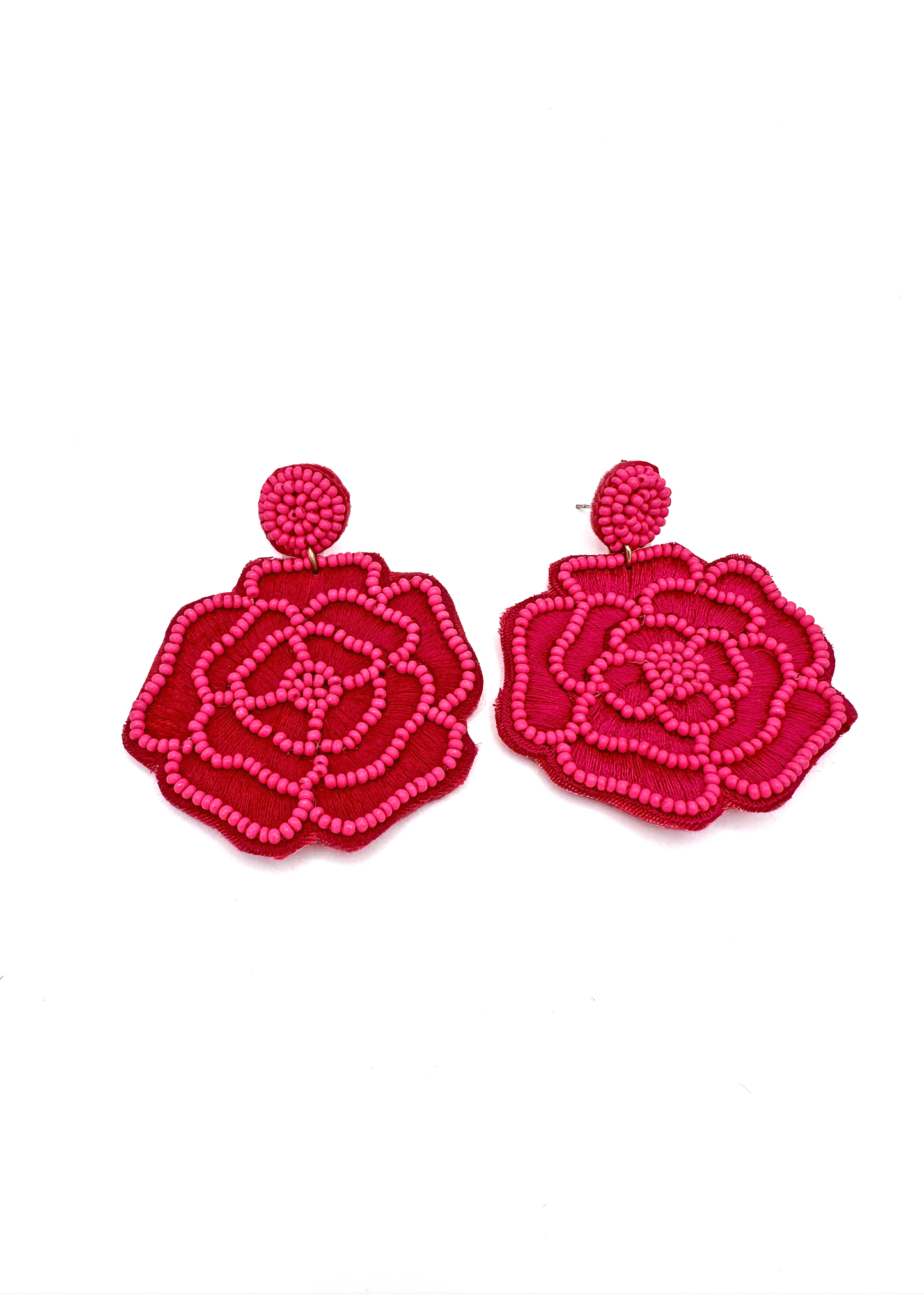 Hot Pink Beaded Rose Drop Earrings