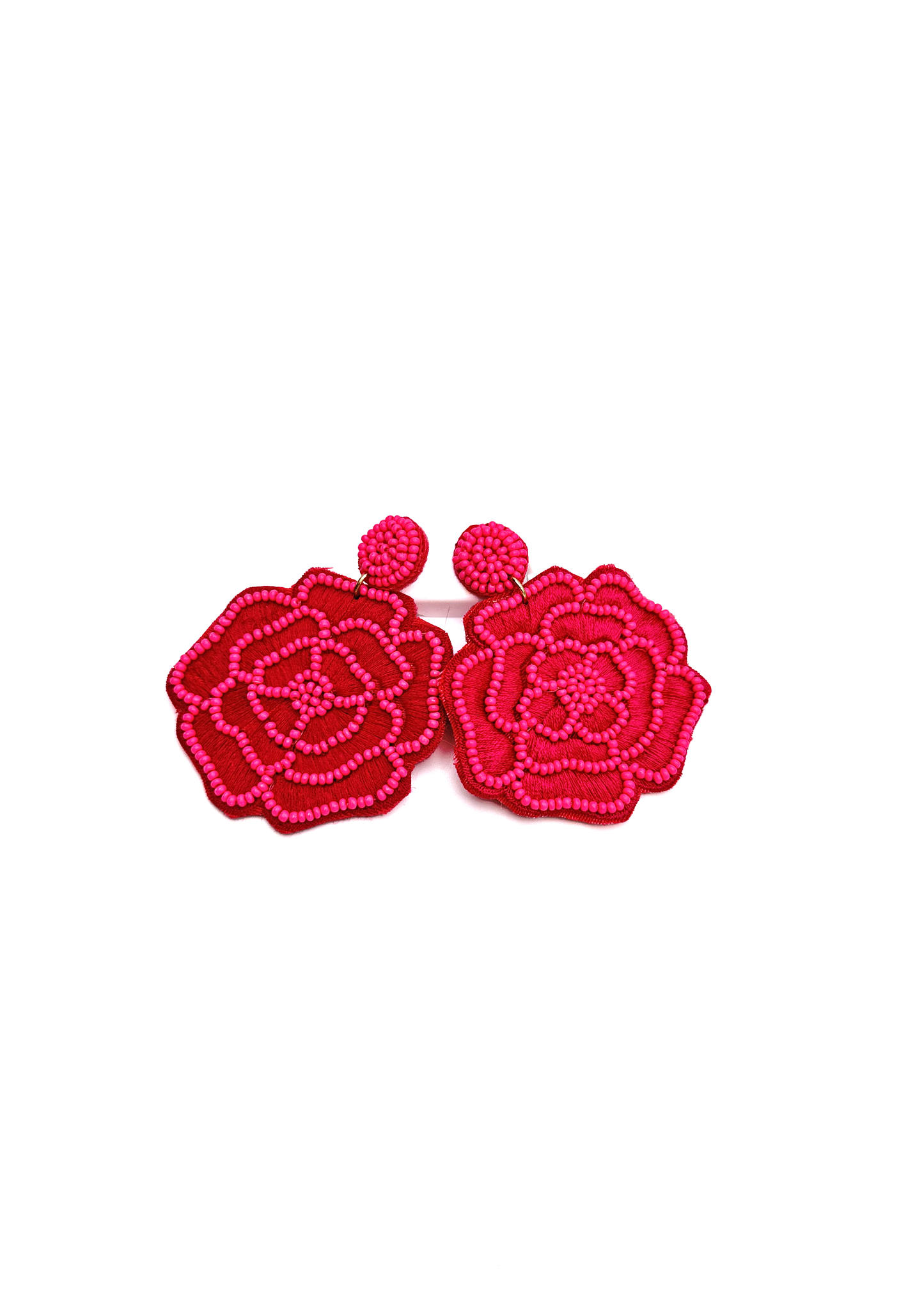 Hot Pink Beaded Rose Drop Earrings
